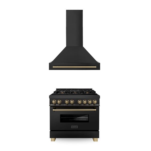 ZLINE Appliances - 2 Piece Kitchen Package - 36" Autograph Edition Black Stainless Steel Dual Fuel Range and Range Hood with Champagne Bronze Accents (2AKP-RABRH36-CB)