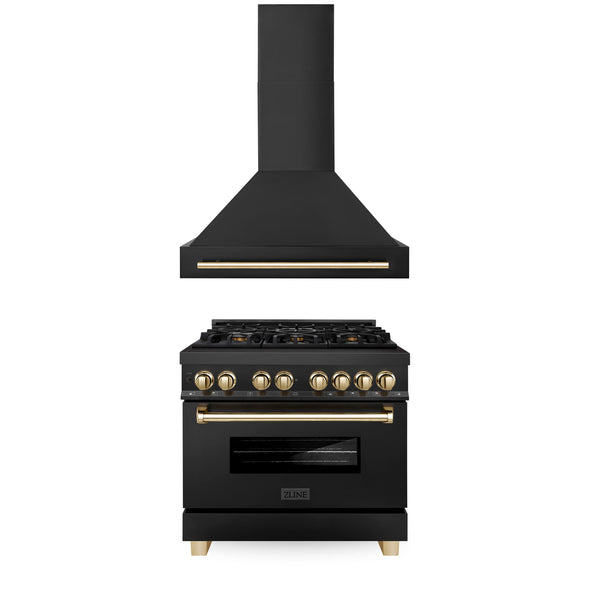 ZLINE Appliances - 2 Piece Kitchen Package - 36" Autograph Edition Black Stainless Steel Dual Fuel Range and Range Hood with Gold Accents (2AKP-RABRH36-G)