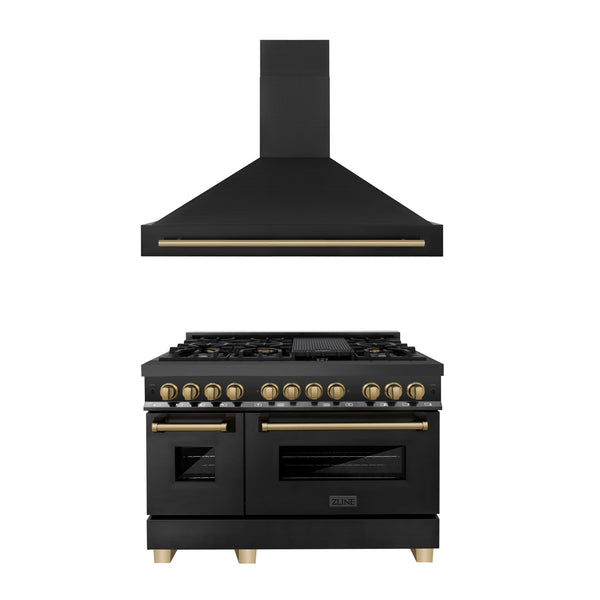 ZLINE Appliances - 2 Piece Kitchen Package - 48" Autograph Edition Black Stainless Steel Dual Fuel Range and Range Hood with Champagne Bronze Accents (2AKP-RABRH48-CB)