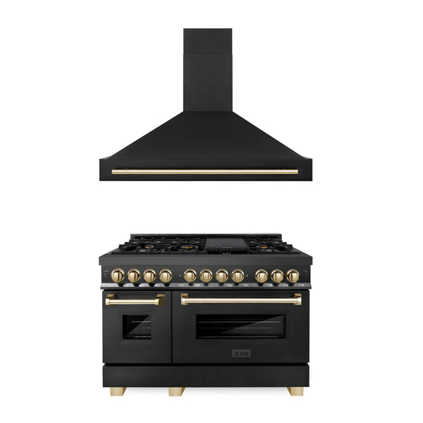 ZLINE Appliances - 2 Piece Kitchen Package - 48" Autograph Edition Black Stainless Steel Dual Fuel Range and Range Hood with Gold Accents (2AKP-RABRH48-G)