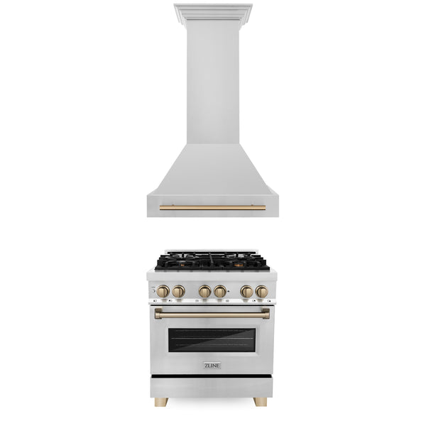 ZLINE Appliances - 2 Piece Kitchen Package - 30" Autograph Edition Stainless Steel Dual Fuel Range and Range Hood with Champagne Bronze Accents (2AKP-RARH30-CB)
