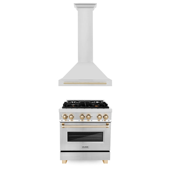ZLINE Appliances - 2 Piece Kitchen Package - 30" Autograph Edition Stainless Steel Dual Fuel Range and Range Hood with Gold Accents (2AKP-RARH30-G)