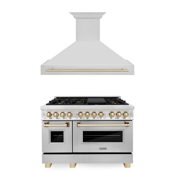 ZLINE Appliances - 2 Piece Kitchen Package - 48" Autograph Edition Stainless Steel Dual Fuel Range and Range Hood with Gold Accents (2AKP-RARH48-G)