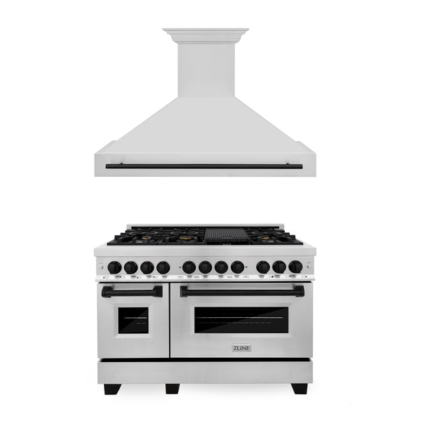 ZLINE Appliances - 2 Piece Kitchen Package - 48" Autograph Edition Stainless Steel Dual Fuel Range and Range Hood with Matte Black Accents (2AKP-RARH48-MB)