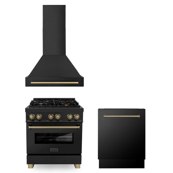 ZLINE Appliances 30" Autograph Edition Kitchen Package with Black Stainless Steel Dual Fuel Range, Range Hood and Dishwasher with Champagne Bronze Accents (3AKP-RABRHDWV30-CB)