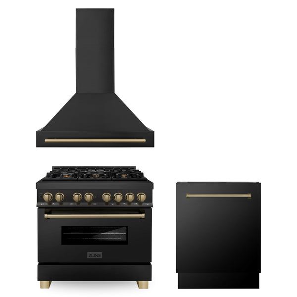 ZLINE Appliances 36" Autograph Edition Kitchen Package with Black Stainless Steel Dual Fuel Range, Range Hood and Dishwasher with Champagne Bronze Accents (3AKP-RABRHDWV36-CB)
