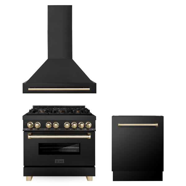 ZLINE Appliances 36" Autograph Edition Kitchen Package with Black Stainless Steel Dual Fuel Range, Range Hood and Dishwasher with Gold Accents (3AKP-RABRHDWV36-G)