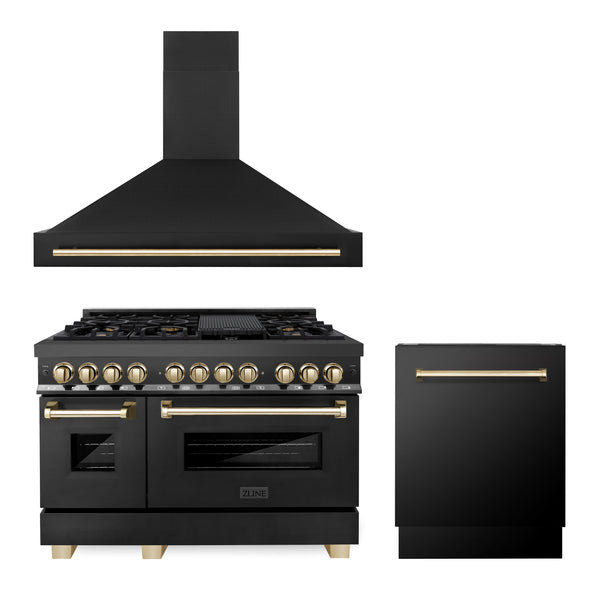 ZLINE Appliances 48" Autograph Edition Kitchen Package with Black Stainless Steel Dual Fuel Range, Range Hood and Dishwasher with Gold Accents (3AKP-RABRHDWV48-G)