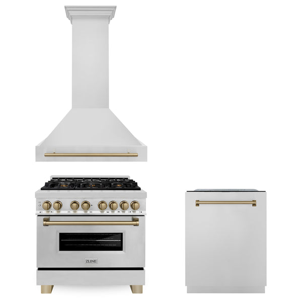ZLINE Appliances 36" Autograph Edition Kitchen Package with Stainless Steel Dual Fuel Range, Range Hood and Dishwasher with Champagne Bronze Accents (3AKP-RARHDWM36-CB)
