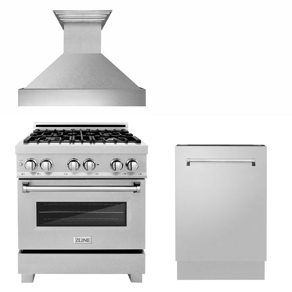 ZLINE Kitchen Appliance Package - 30" DuraSnow® Stainless Dual Fuel Range, Ducted Vent Range Hood and Tall Tub Dishwasher (3KP-RASRH30-DWV)