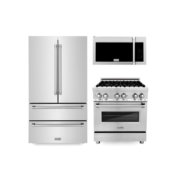 ZLINE Kitchen Package with Stainless Steel Refrigeration, 30" Dual Fuel Range and Traditional Over the Range Microwave (3KPR-RAOTRH30)
