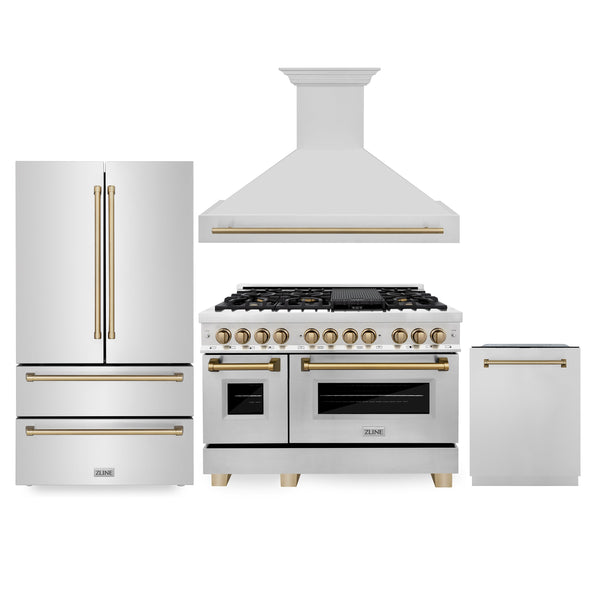 48" ZLINE Appliances Package - Autograph Edition Stainless Steel Dual Fuel Range, Range Hood, Dishwasher and Refrigerator with Champagne Bronze Accents(4KAPR-RARHDWM48-CB)