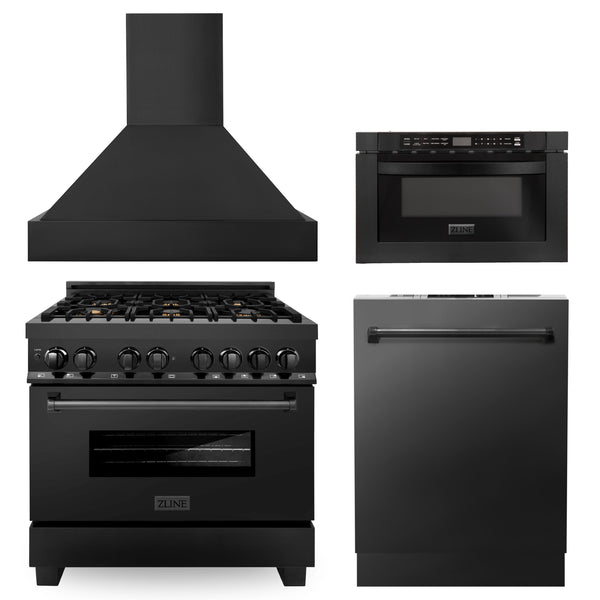 ZLINE Kitchen Appliance Package - 36" Black Stainless Steel Dual Fuel Range, Range Hood, Microwave Drawer and Dishwasher (4KP-RABRH36-MWDW)