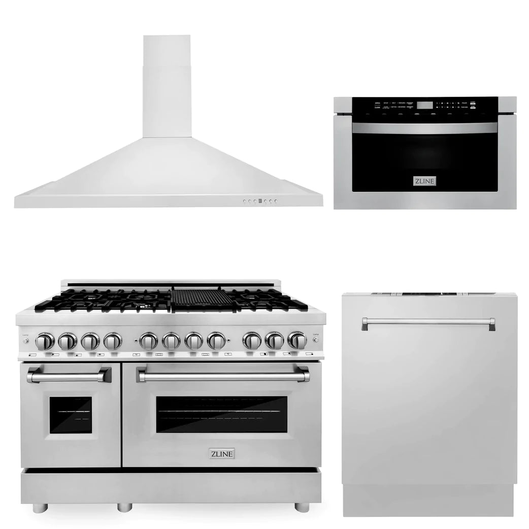 ZLINE Kitchen Appliance Package - 48" Stainless Steel Dual Fuel Range, Range Hood, Microwave Drawer and Dishwasher (4KP-RARH48-MWDW)