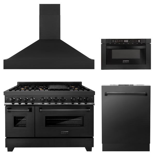 ZLINE 48" Kitchen Package with Black Stainless Steel Dual Fuel Range, Range Hood, Microwave Drawer and Dishwasher (4KP-RABRH48-MWDW)