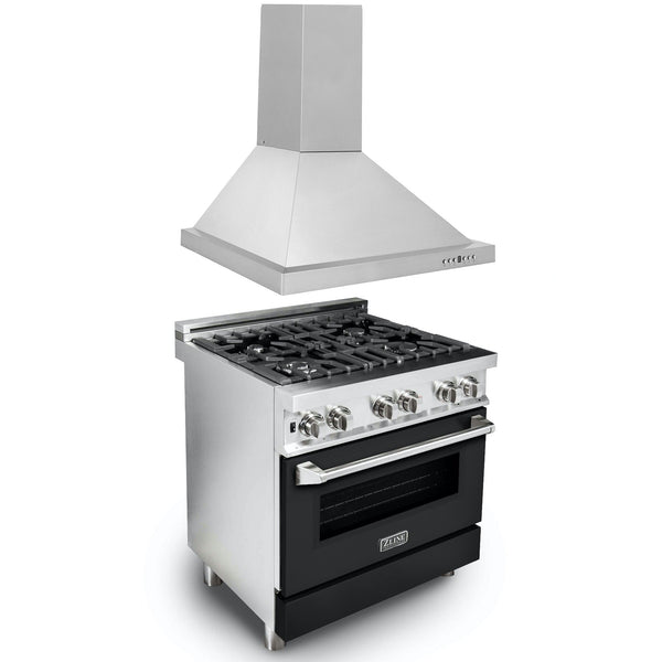 ZLINE 2 Piece Kitchen Appliance Package - 30" Stainless Steel Dual Fuel Range with Black Matte Door and Convertible Vent Range Hood (2KP-RABLMRH30)