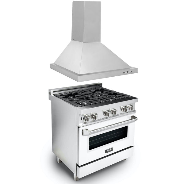ZLINE 2 Piece Kitchen Appliance Package - 30" Stainless Steel Dual Fuel Range with White Matte Door and Convertible Vent Range Hood (2KP-RAWMRH30)