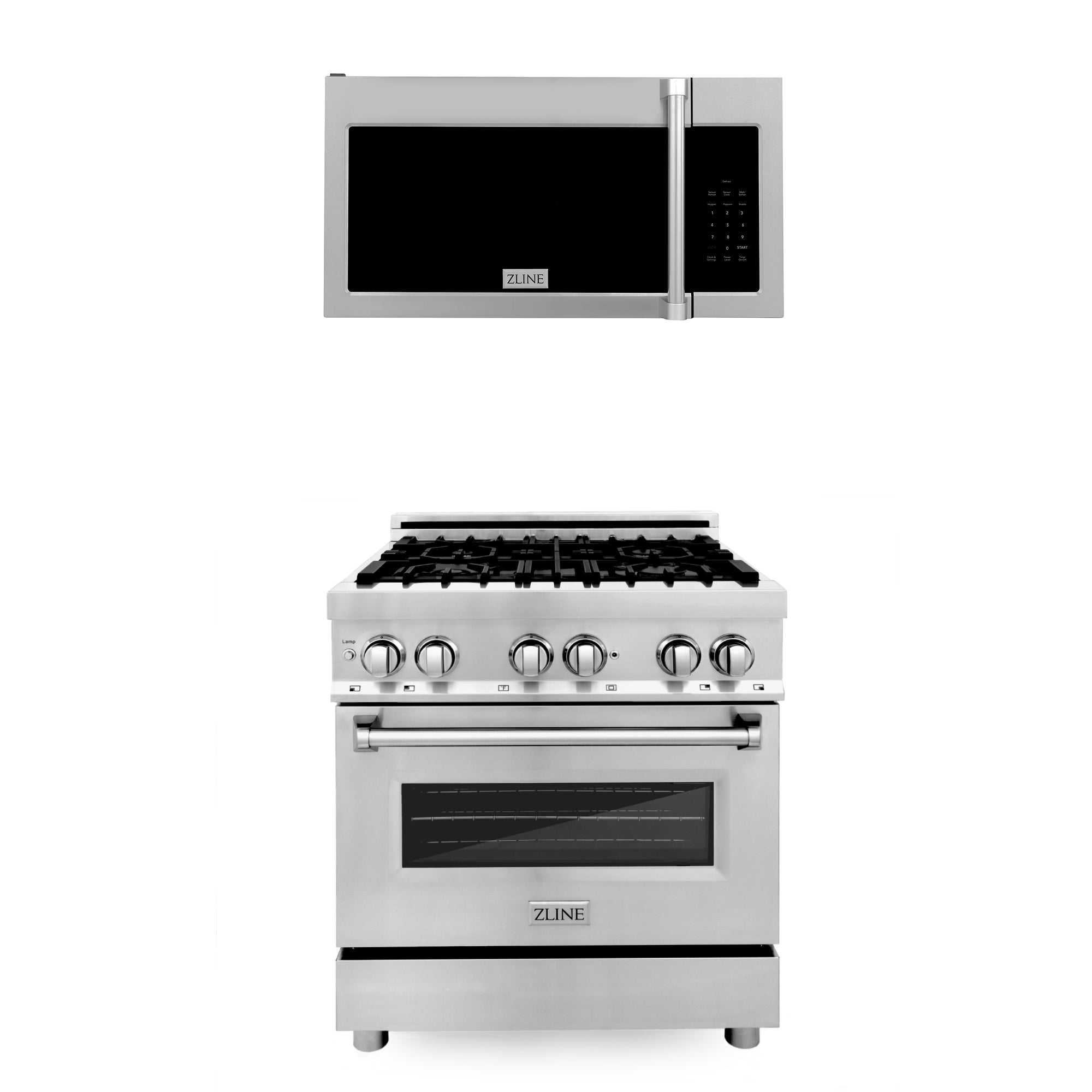 ZLINE 2 Piece Kitchen Appliance Package - 30" Stainless Steel Dual Fuel Range and Over The Range Microwave with Traditional Handle (2KP-RAOTRH30)
