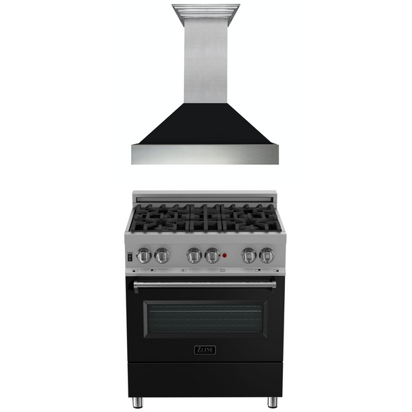 ZLINE 2 Piece Kitchen Appliance Package - 30" DuraSnow Stainless Steel Dual Fuel Range with Black Matte Door and Convertible Vent Range Hood (2KP-RASBLMRH30)