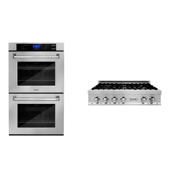 ZLINE 2 Piece Kitchen Appliance Package -36 in. Stainless Steel Rangetop and 30 in. Double Wall Oven (2KP-RTAWD36)