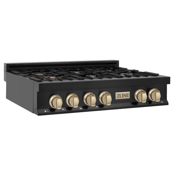 ZLINE Autograph Edition 36" Porcelain Rangetop with 6 Gas Burners in Black Stainless Steel and Accents (RTBZ-36)