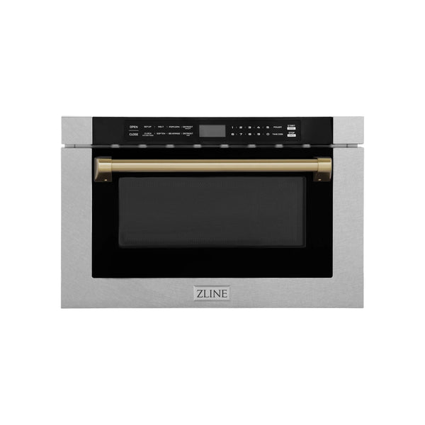 ZLINE Autograph Edition 24" 1.2 cu. ft. Built-in Microwave Drawer with a Traditional Handle in Fingerprint Resistant Stainless Steel and Champagne Bronze Accents (MWDZ-1-SS-H-CB)