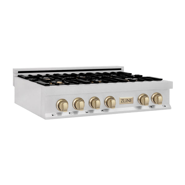 ZLINE Autograph Edition 36" Porcelain Rangetop with 6 Gas Burners in DuraSnow® Stainless Steel and Accents (RTSZ-36)