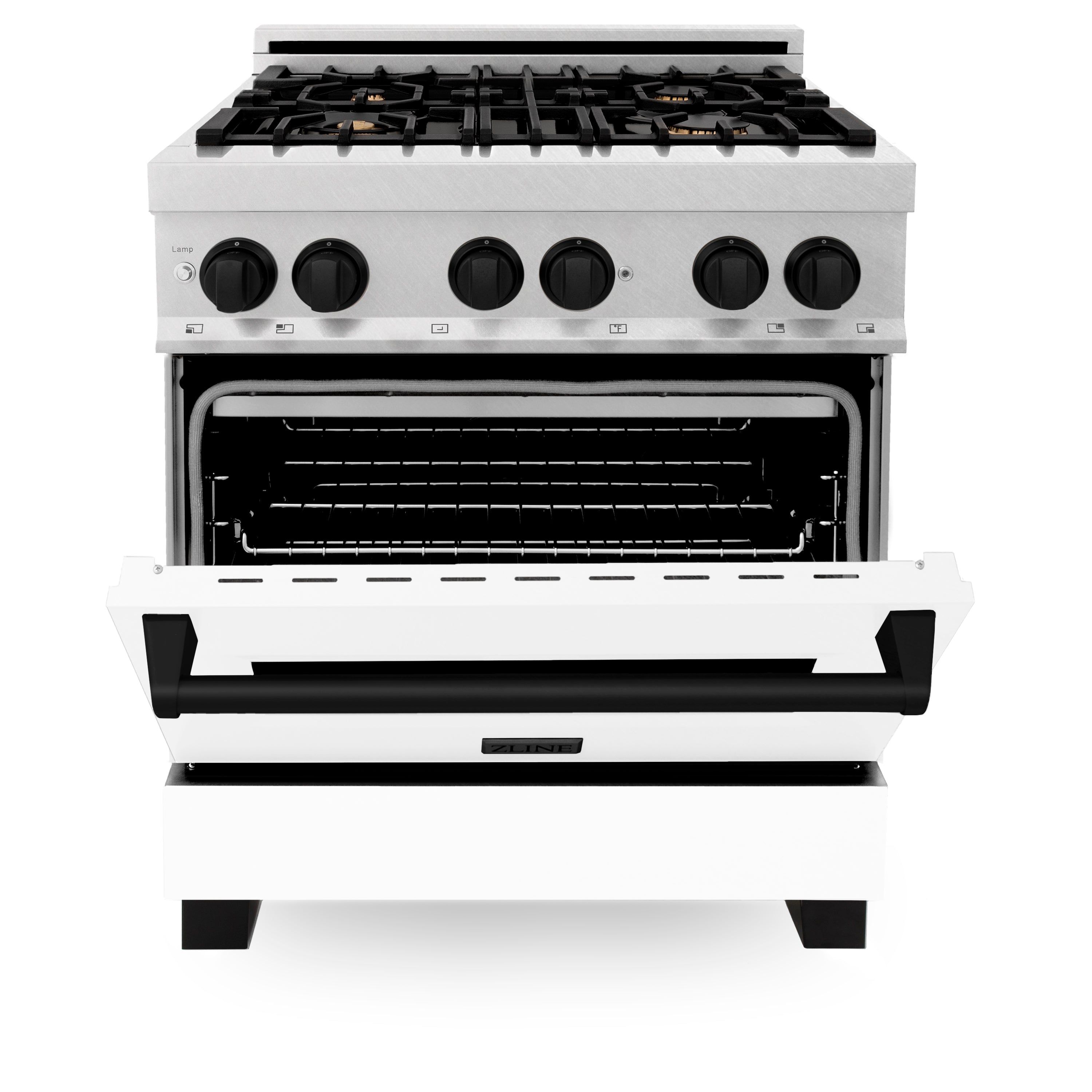 ZLINE Autograph Edition 30" 4.0 cu. ft. Dual Fuel Range with Gas Stove and Electric Oven in DuraSnow® Stainless Steel with White Matte Door and Accents (RASZ-WM-30)