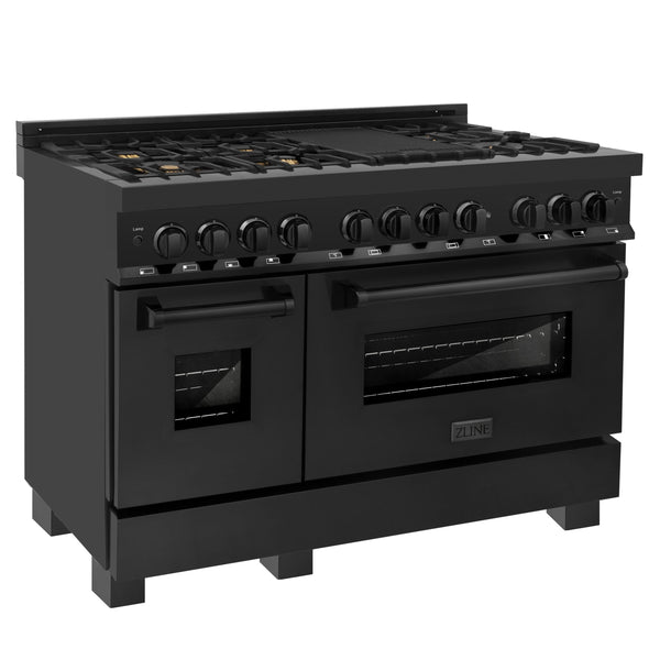 ZLINE 48" 6.0 cu. ft. Dual Fuel Range with Gas Stove and Electric Oven in Black Stainless Steel with Brass Burners (RAB-48)