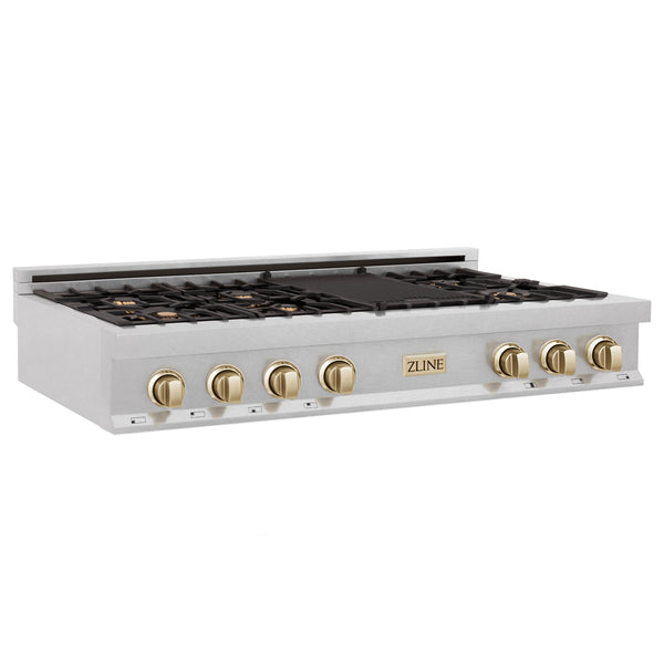 ZLINE Autograph Edition 48" Porcelain Rangetop with 7 Gas Burners in DuraSnow® Stainless Steel and Accents (RTSZ-48)