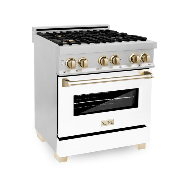 ZLINE Autograph Edition 30" 4.0 cu. ft. Dual Fuel Range with Gas Stove and Electric Oven in Stainless Steel with White Matte Door and Accents (RAZ-WM-30)