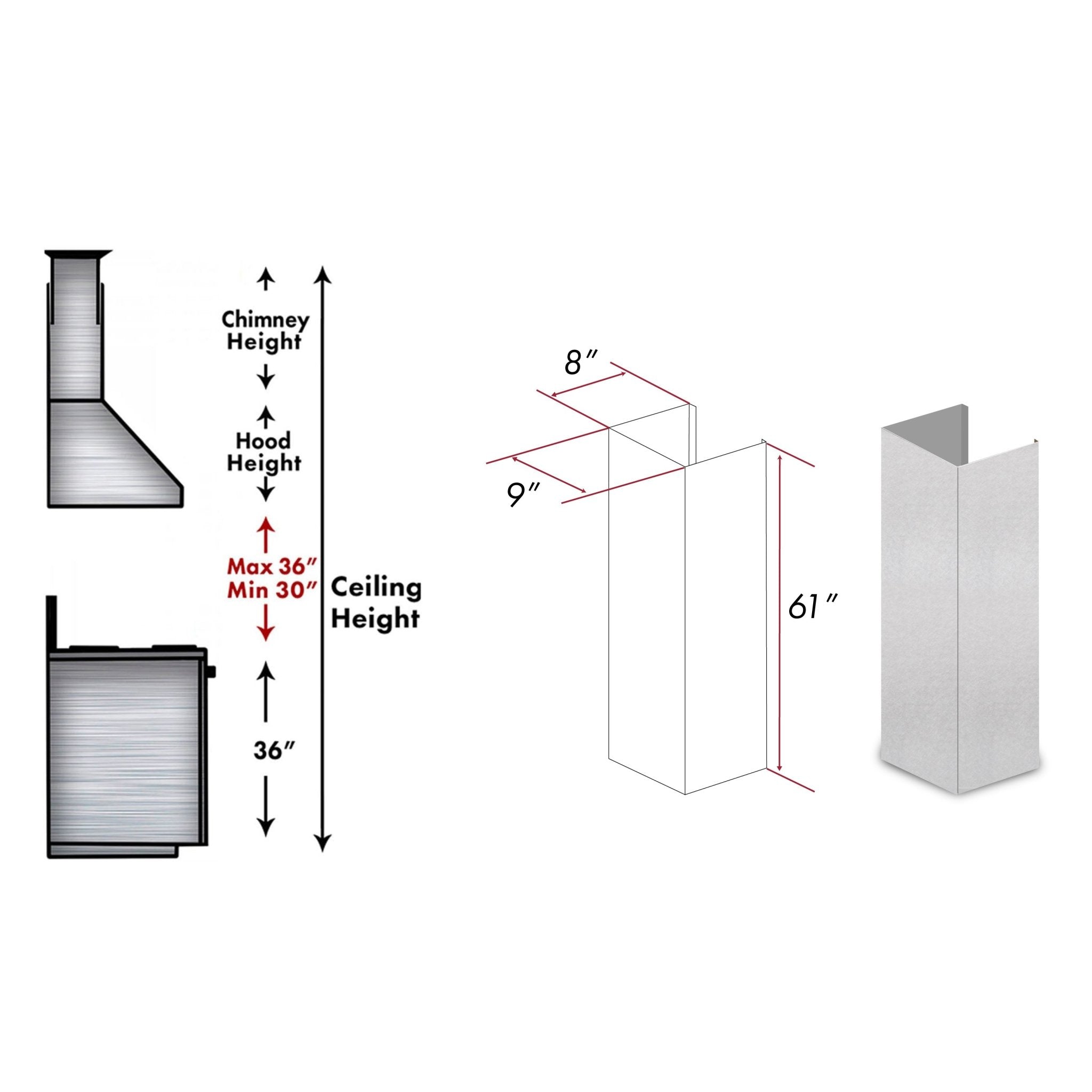 ZLINE 61" DuraSnow® Stainless Steel Chimney Extension for Ceilings up to 12.5 ft. (8KL3S-E)