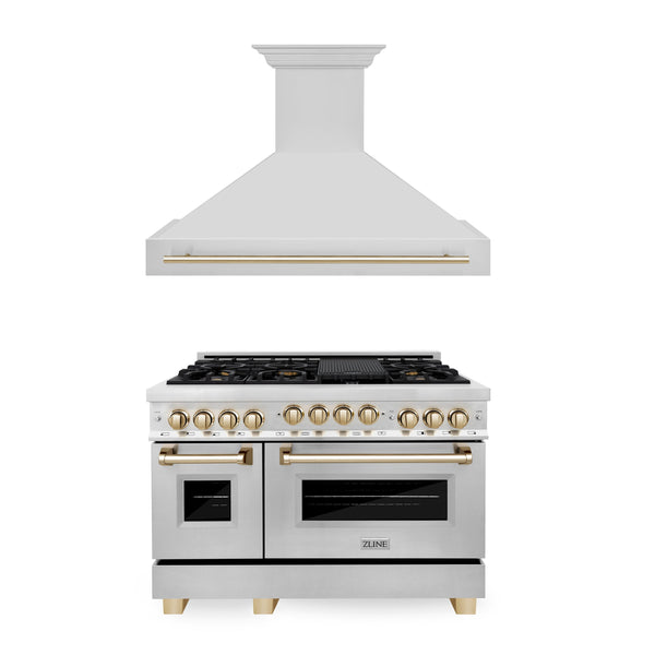 ZLINE 48" Autograph Edition Kitchen Package with Stainless Steel Gas Range and Range Hood with Polished Gold  Accents (2AKPR-RGRH48-G)