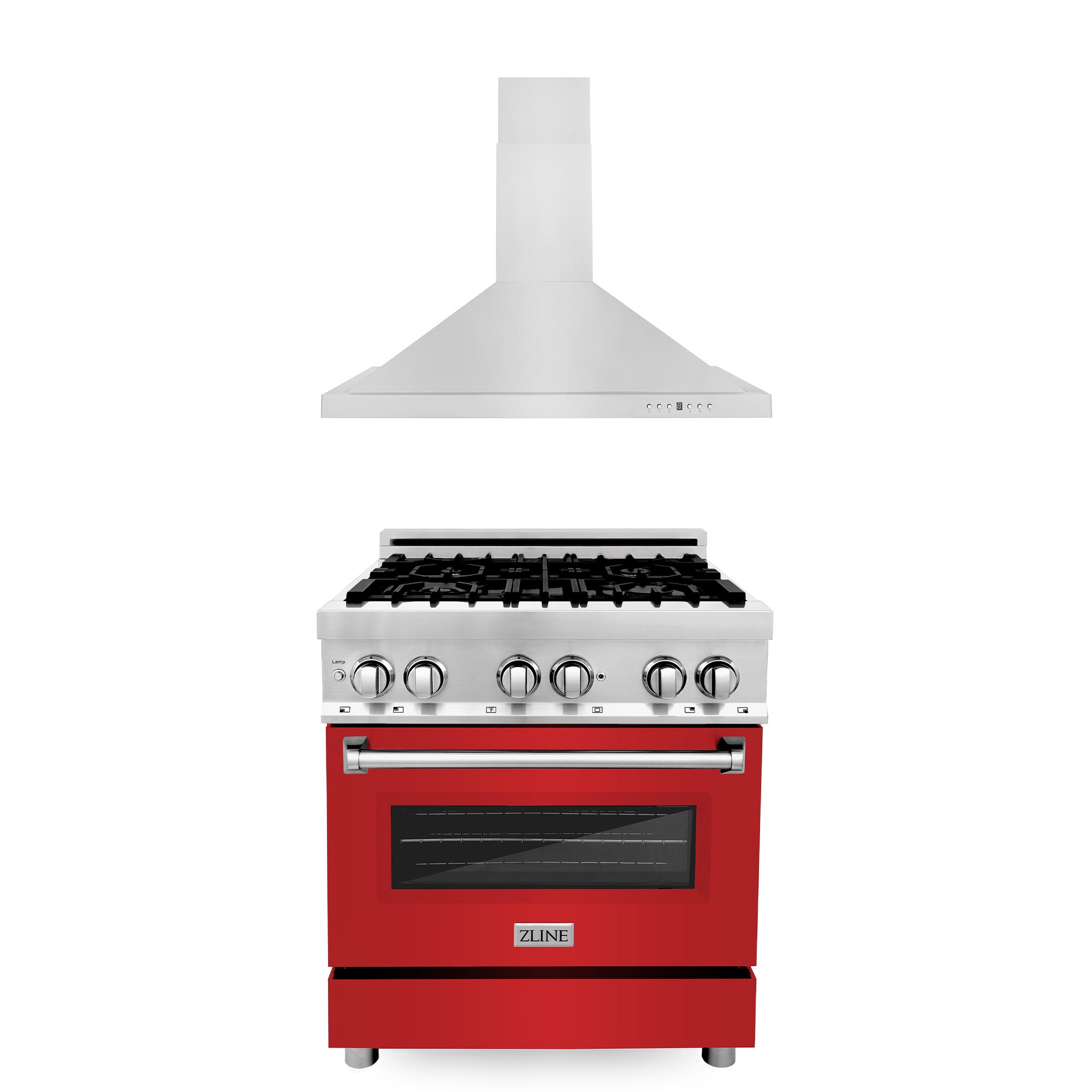 ZLINE 30 in. Kitchen Package with ZLINE Satin Stainless Steel Dual Fuel Range with Red Matte Door and Convertible Vent Range Hood (2KP-RARMRH30)