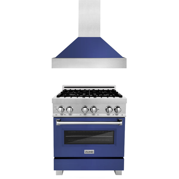 ZLINE 30 in. Kitchen Package with Satin Stainless Steel Dual Fuel Range with Blue Matte Door and Convertible Vent Range Hood