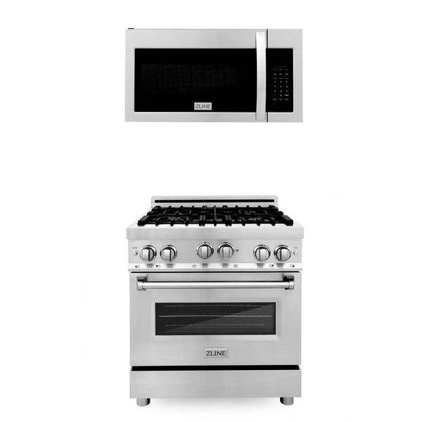 ZLINE 30 in. Kitchen Package Stainless Steel Gas Range and Over The Range Microwave with Modern Handle (2KP-RGOTR30)
