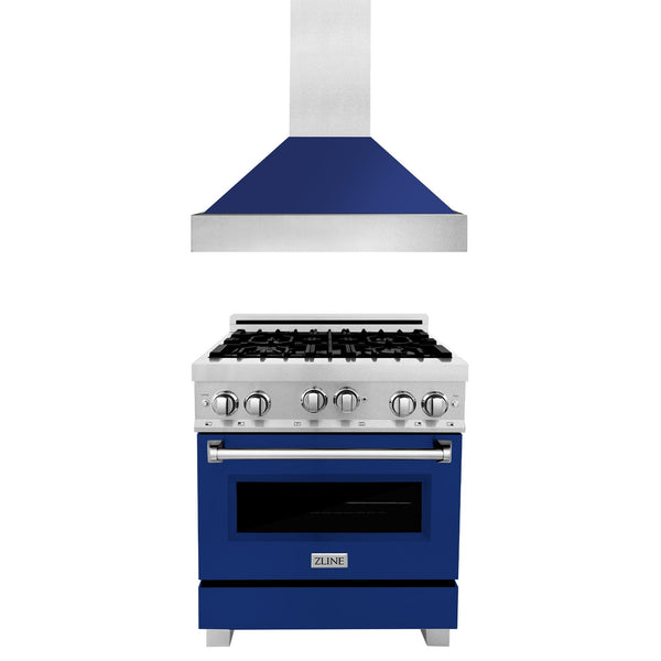 ZLINE 30 in. Kitchen Package with Satin Stainless Steel Gas Range with Blue Gloss Door and Convertible Vent Range Hood (2KP-RGSBGRH30)