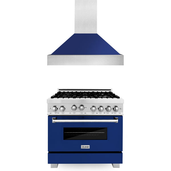 ZLINE 36 in. Kitchen Package with Satin Stainless Steel Gas Range with Blue Gloss Door and Convertible Vent Range Hood (2KP-RGSBGRH36)