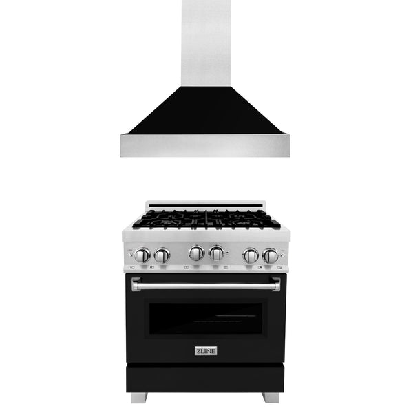 ZLINE 30 in. Kitchen Package with Satin Stainless Steel Gas Range with Black Matte Door and Convertible Vent Range Hood (2KP-RGSBLMRH30)
