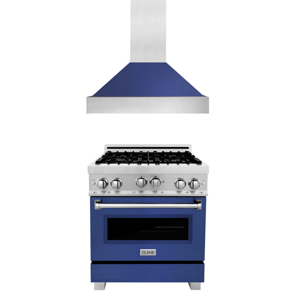 ZLINE 30 in. Kitchen Package with Satin Stainless Steel Gas Range with Blue Matte Door and Convertible Vent Range Hood (2KP-RGSBMRH30)