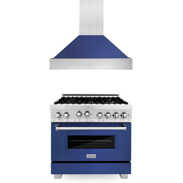 ZLINE 36 in. Kitchen Package with Satin Stainless Steel Gas Range with Blue Matte Door and Convertible Vent Range Hood (2KP-RGSBMRH36)