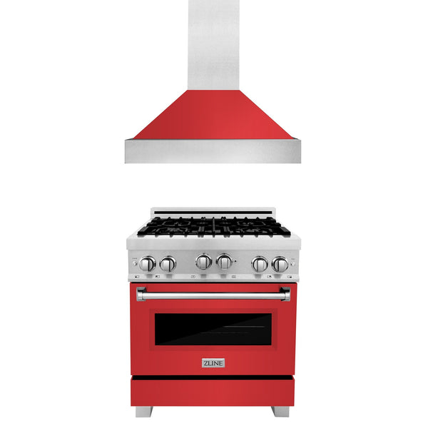 ZLINE 30 in. Kitchen Package with ZLINE Satin Stainless Steel Gas Range with Red Matte Door and Convertible Vent Range Hood (2KP-RGSRMRH30)