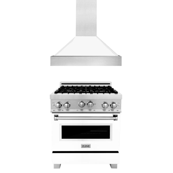 ZLINE 30 in. Kitchen Package with Satin Stainless Steel Gas Range with White Matte Door and Convertible Vent Range Hood (2KP-RGSWMRH30)