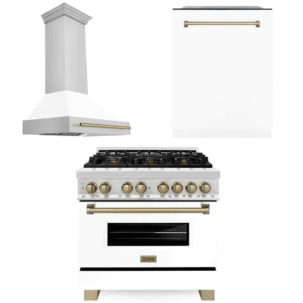 ZLINE Autograph Edition 36 in. Kitchen Package with Stainless Steel Dual Fuel Range with White Matte Door, Range Hood and Dishwasher with Champagne Bronze Accents (3AKP-RAWMRHDWM36-CB)