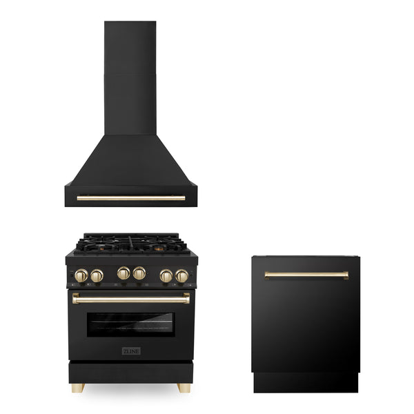 ZLINE 30" Autograph Edition Kitchen Package with Black Stainless Steel Gas Range, Range Hood and Dishwasher with Polished Gold  Accents (3AKP-RGBRHDWV30-G)