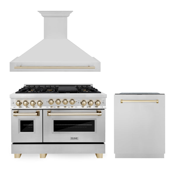 ZLINE 48" Autograph Edition Kitchen Package with Stainless Steel Gas Range, Range Hood and Dishwasher with Polished Gold  Accents (3AKPR-RGRH48-G)