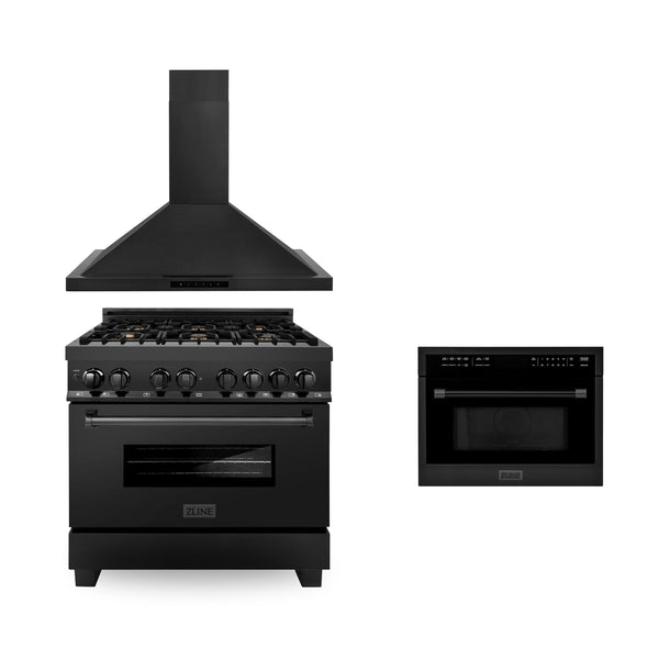 ZLINE 36" Kitchen Package with Black Stainless Steel Dual Fuel Range, Convertible Vent Range Hood and 24" Microwave Oven (3KP-RABRHMWO-36)
