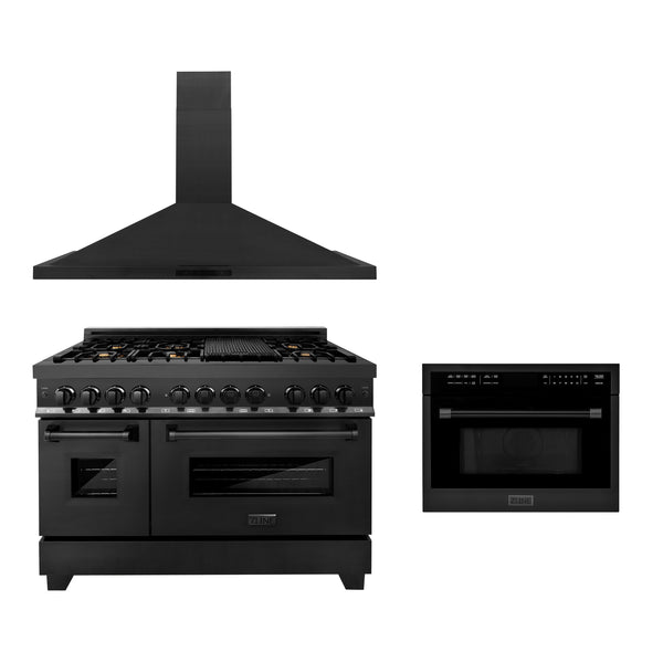 ZLINE 48" Kitchen Package with Black Stainless Steel Dual Fuel Range, Convertible Vent Range Hood and 24" Microwave Oven (3KP-RABRHMWO-48)