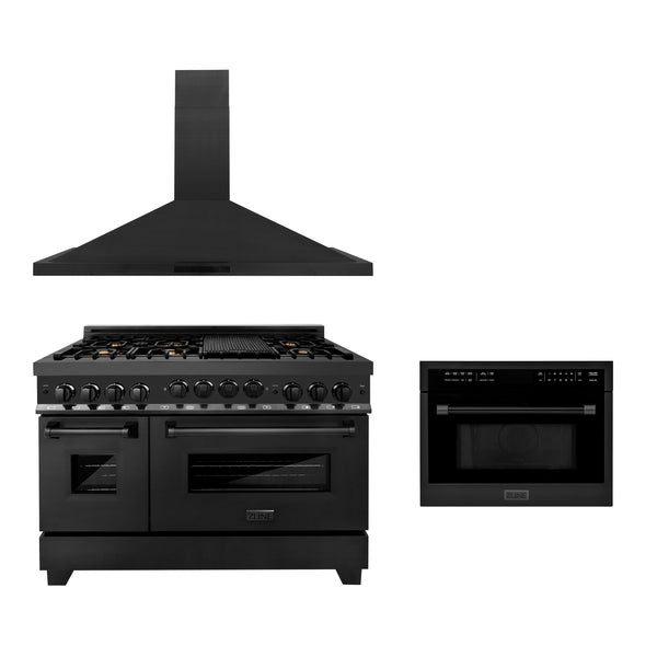 ZLINE 48" Kitchen Package with Black Stainless Steel Gas Range, Convertible Vent Range Hood and 24" Microwave Oven (3KP-RGBRHMWO-48)