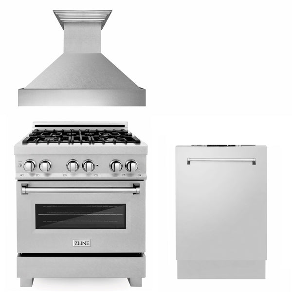 ZLINE 30 in. Kitchen Package with Satin Stainless Steel Gas Range, Ducted Range Hood and Tall Tub Dishwasher(3KP-RGSRH30-DWV)
